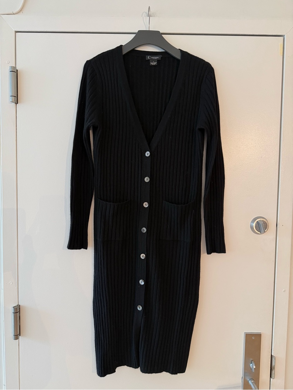 C by Bloomingdale’s Black Cashmere Ribbed Long Button-Front Cardigan